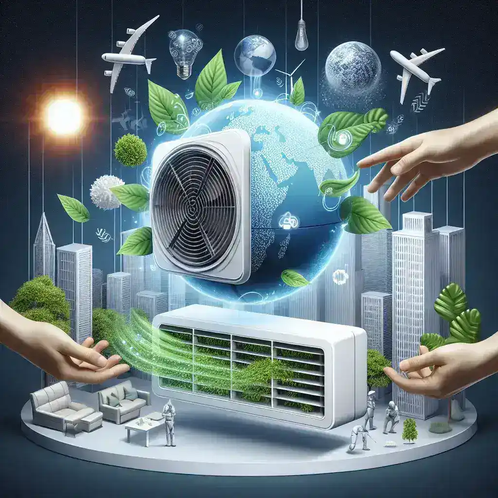 "Energy-efficient cooling system that consumes five times less energy than traditional air conditioning, showcasing a sleek design without gas or external installation requirements."