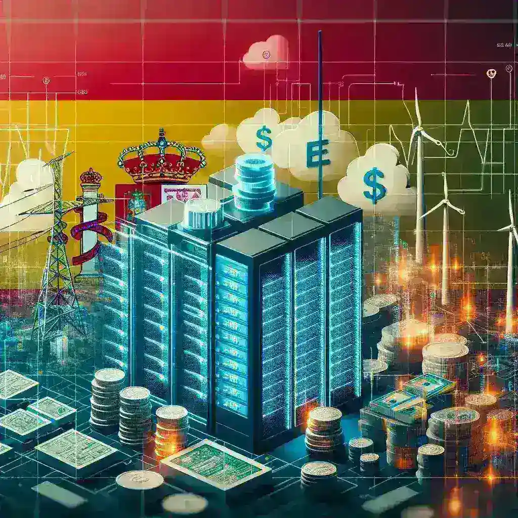 "Regulación de centros de datos eléctricos y fiscales en España, ilustración que muestra infraestructuras tecnológicas y energéticas con iconos de data centers y leyes."