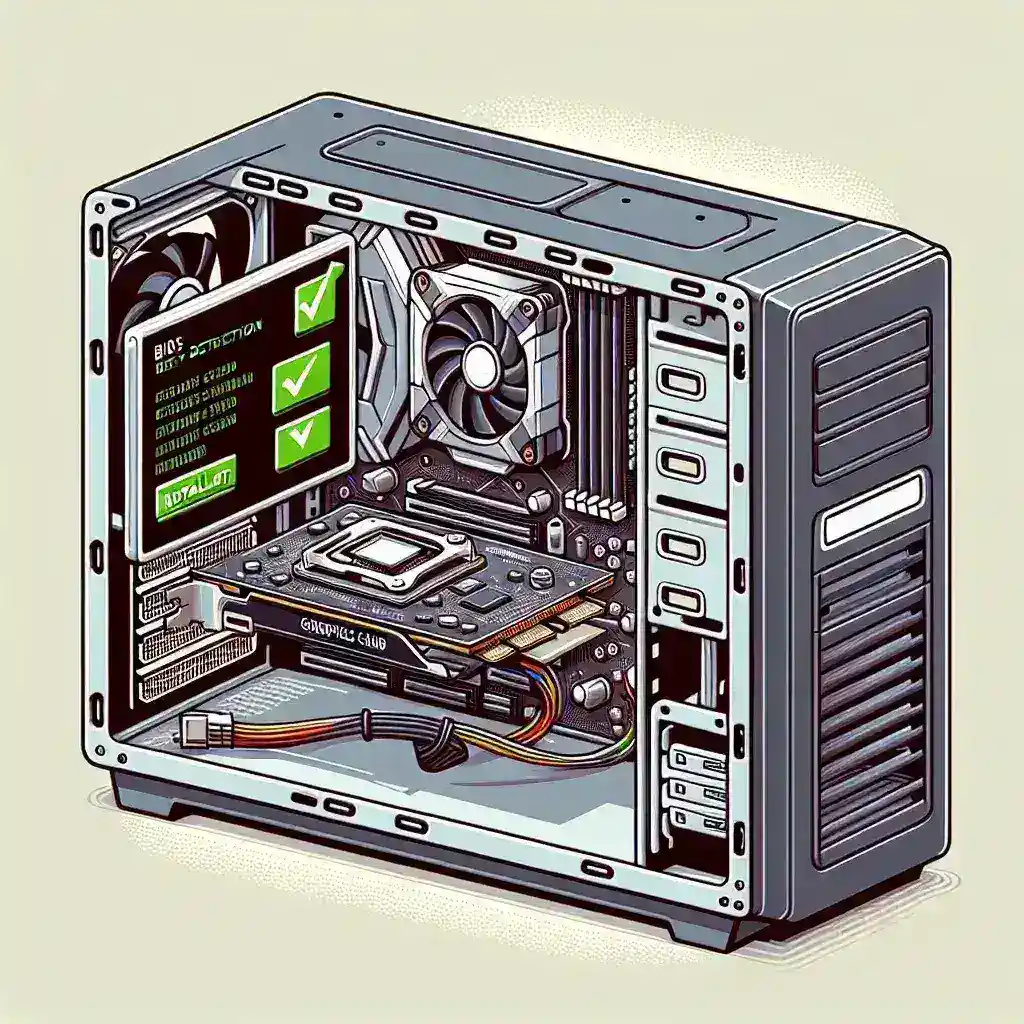 Alt text: "Proceso de detección de una tarjeta gráfica recién instalada por la BIOS en un ordenador, mostrando la conexión de la tarjeta madre y el cableado interno."