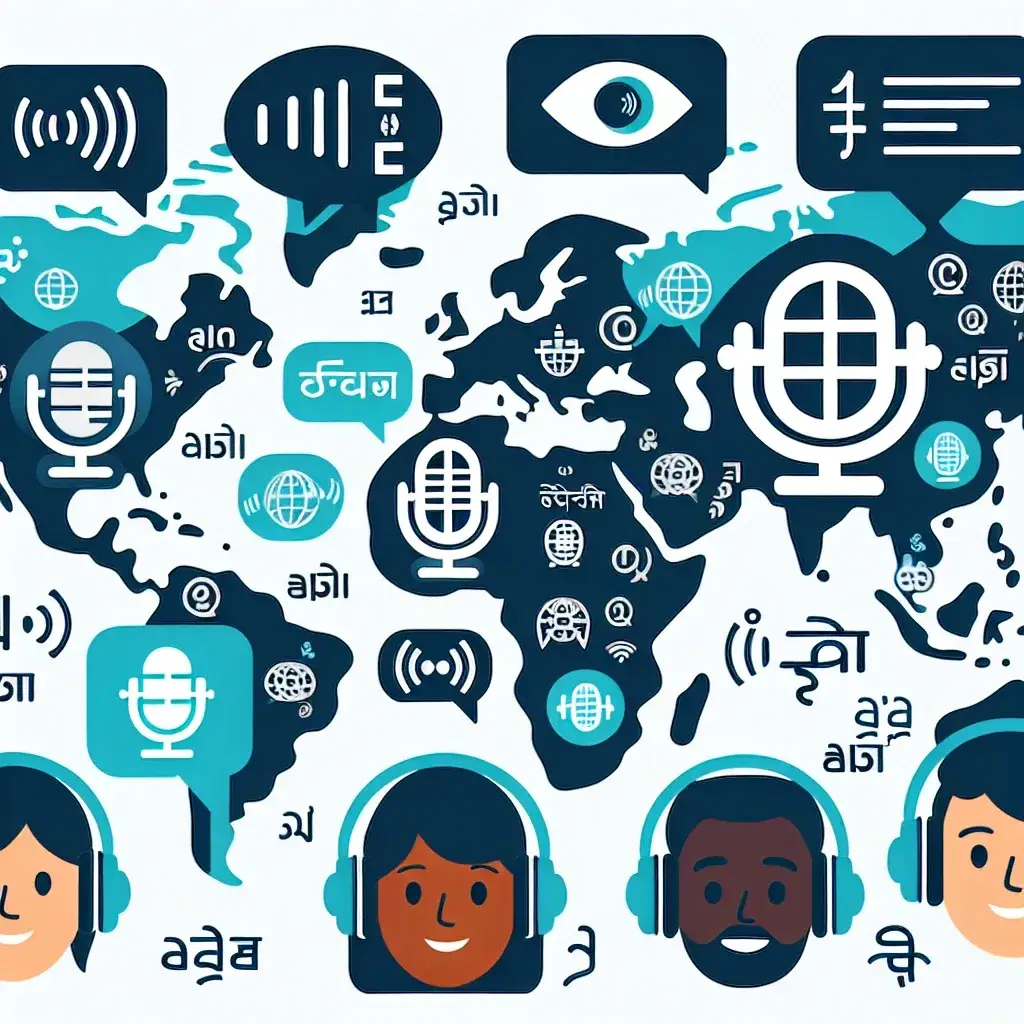 "Multilingual real-time transcription system interface for podcasts, showcasing various languages and speech recognition technology, illustrating advanced accessibility in audio content."