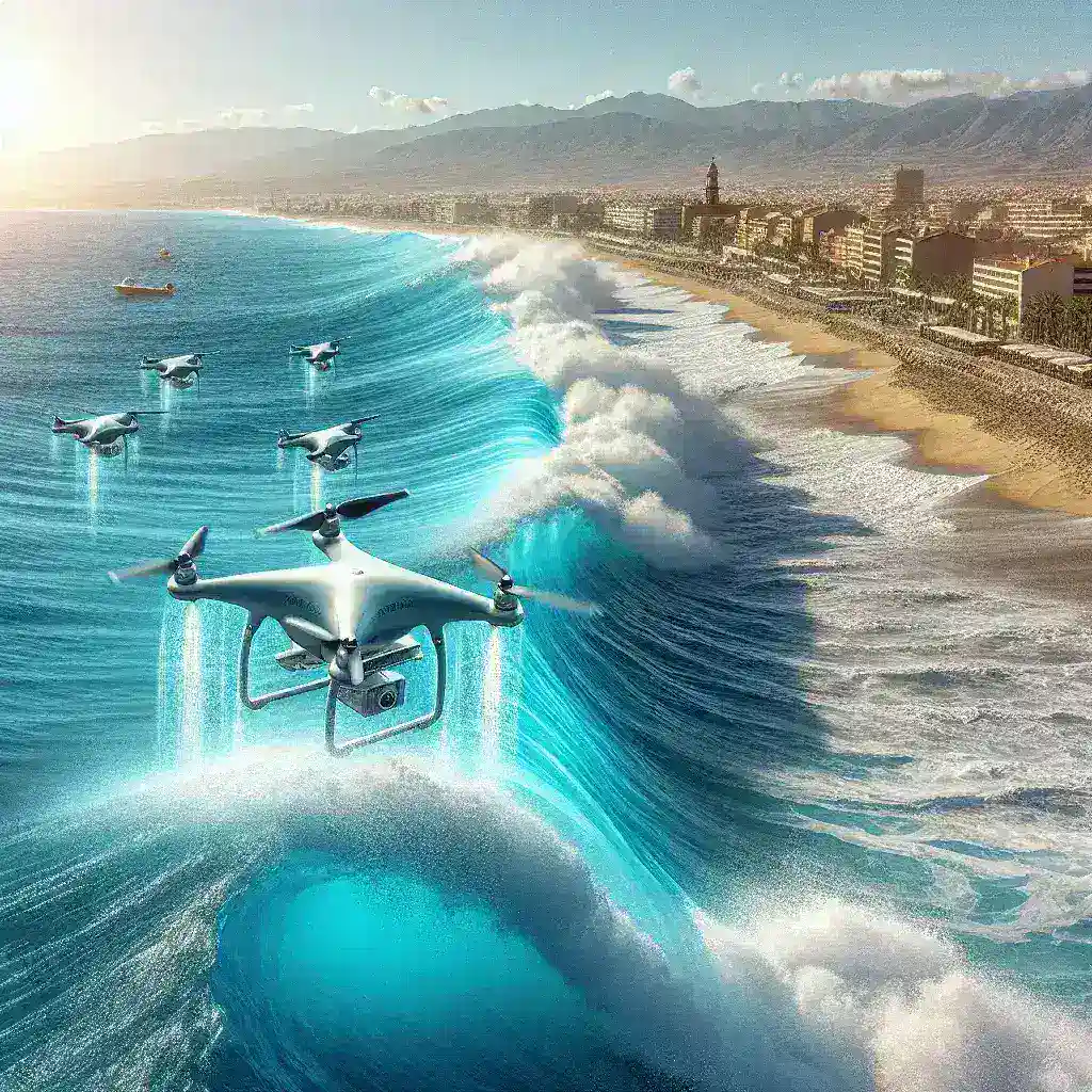 "Drone acuático de la Guardia Civil sobrevolando la costa para vigilancia marítima, mejorando la seguridad y monitoreo de áreas costeras."