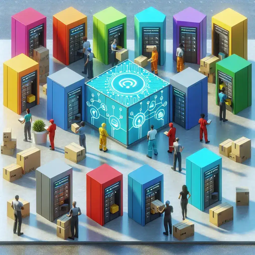 "Smart interoperable lockers for last-mile delivery logistics, showcasing advanced technology for efficient package handling by various operators."