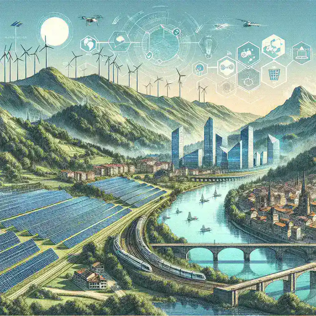 "Asturias region showcases advancements in renewable energy and software technology at a modern tech hub, highlighting its commitment to sustainable innovation."