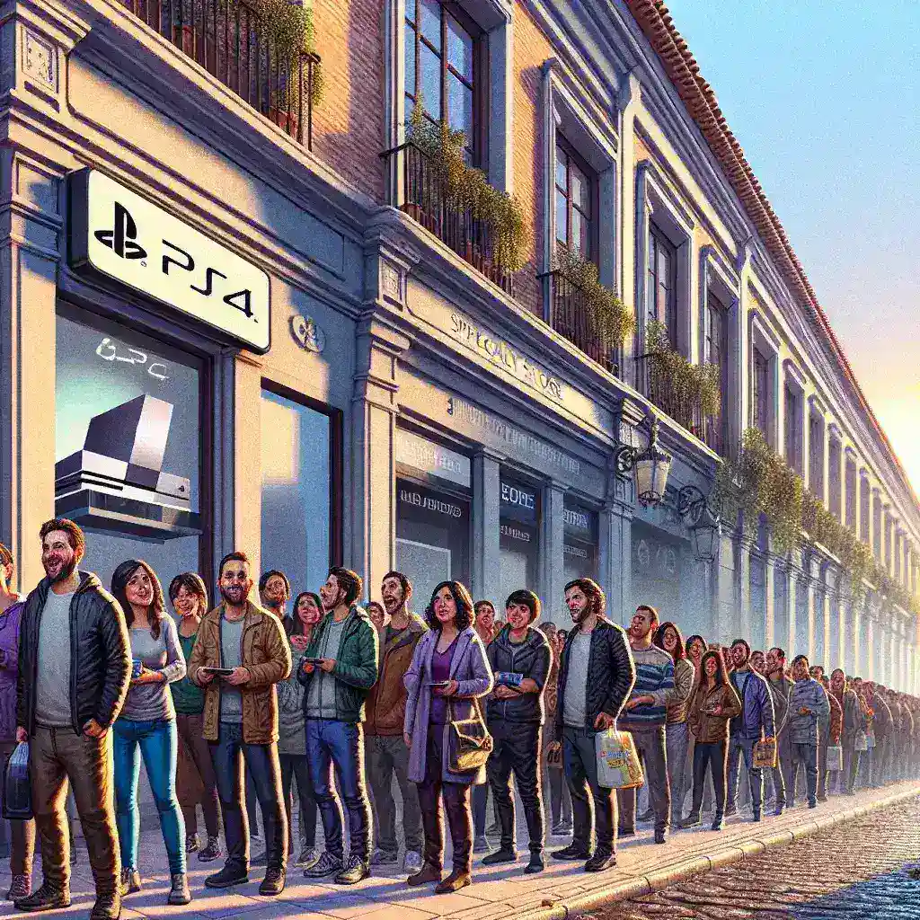 "Clientes haciendo fila frente a una tienda especializada en España para la esperada llegada de la Nintendo Switch 2, destacando la emoción y el interés por el nuevo lanzamiento."