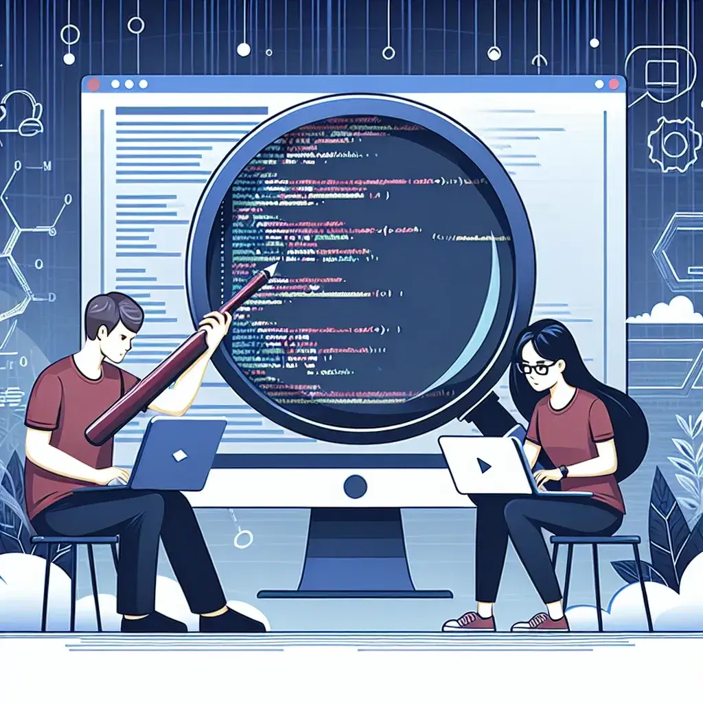 "Imagen ilustrativa de una revisión de código en pantalla de computadora, destacando el proceso de desarrollo de software y la colaboración en equipo, acompañando el artículo 'Revisión de Código: Qué Es y Cómo Se Hace'."