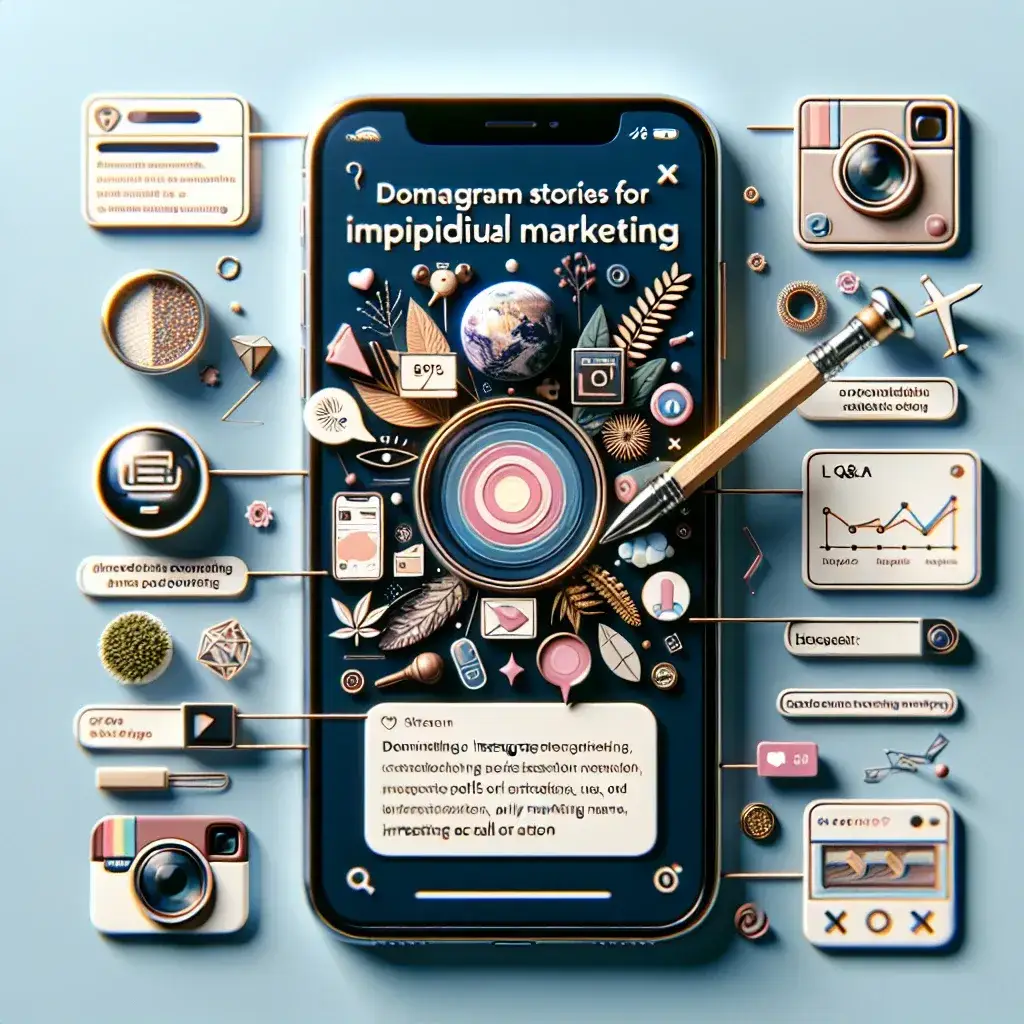 "Ejemplo de una historia de Instagram creativa y visualmente atractiva, destacando elementos de marketing digital y diseño gráfico, ilustrando conceptos clave de la guía definitiva para dominar las Insta Stories."